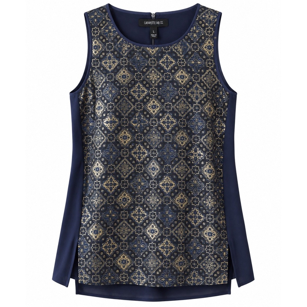Lafayette 148 New York Vivian Metallic Brocade Tunic Top Navy Gold Silk L